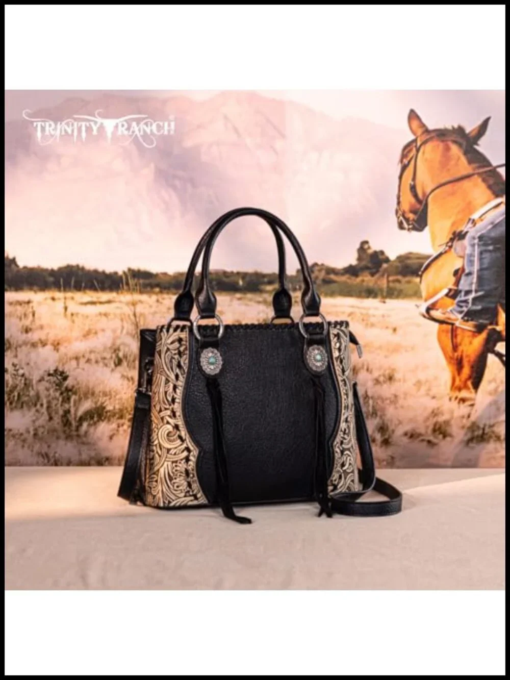 Vegan Leather Floral Tooled Concho Tote Bag with Detachable Strap and Tassels